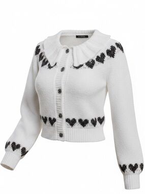 FAIRE White & Black Heart Knit Collared Cardigan Sweater | NWT | Women’s Small